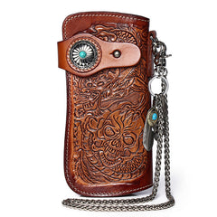 Cool Brown Leather Tooled Dragon&Skull Biker Wallet Handmade Biker Chain Wallet for Men