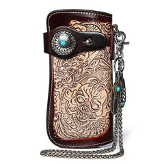 Cool Black Leather Tooled Dragon&Skull Biker Wallet Handmade Biker Chain Wallet for Men