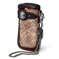 Cool Black Leather Tooled Dragon&Skull Biker Wallet Handmade Biker Chain Wallet for Men