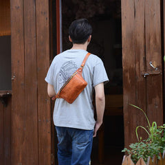 Cool Light Brown Leather Men Chest Bag Waist Bag Tan Fanny Pack Hip Bag Bum Pack For Men