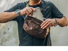 Cool Black Leather Men Chest Bag Waist Bags Coffee Fanny Pack Hip Bag One Shoulder Backpack For Men - imessengerbags