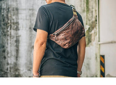 Cool Black Leather Men Chest Bag Waist Bags Coffee Fanny Pack Hip Bag One Shoulder Backpack For Men