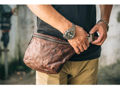 Cool Black Leather Men Chest Bag Waist Bags Coffee Fanny Pack Hip Bag One Shoulder Backpack For Men