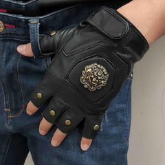 Cool Mens Black Dragon Head Leather Half-Finger Rock Gloves Black Motorcycle Gloves Biker Gloves For Men - imessengerbags
