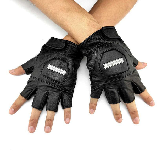 Mens Black Leather Half-Finger Sports Gloves Rock Gloves Cool Black Motorcycle Gloves Biker Gloves For Men - imessengerbags