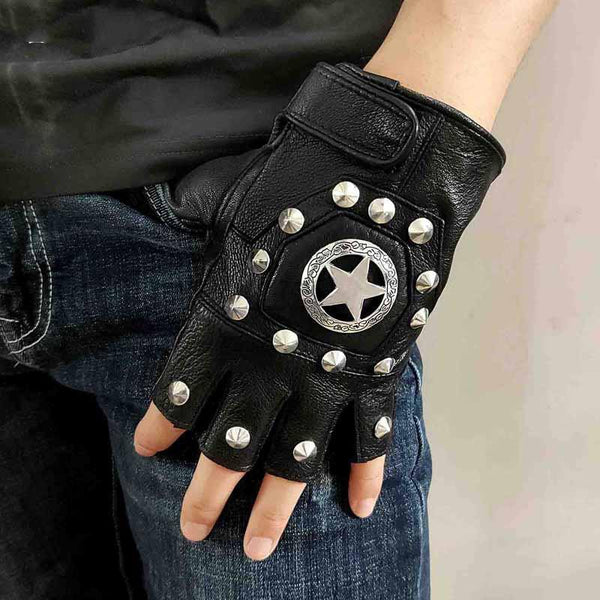 Cool Mens Black Star Leather Half-Finger Rock Gloves Motorcycle Gloves Black Biker Gloves For Men - imessengerbags