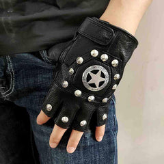 Cool Mens Black Star Leather Half-Finger Rock Gloves Motorcycle Gloves Black Biker Gloves For Men - imessengerbags