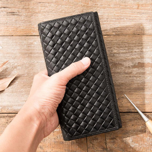 Cool Black Braided Leather Mens Long Wallet Long Wallet for Men - imessengerbags