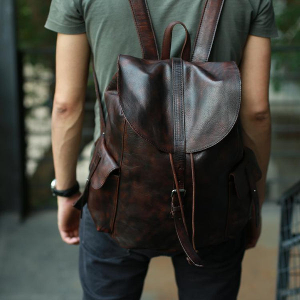 Cool Black Coffee Mens Leather Backpack Travel Backpack School Backpacks for men - imessengerbags