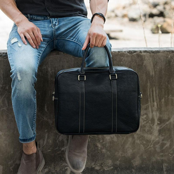 Cool Black Leather Mens Briefcase Work Bag Laptop Bag Business Bag for Men