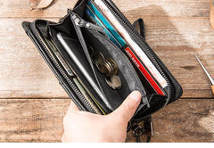 Cool Black Leather Mens Long Wallet Zipper Clutch Wallet Long Wallet Phone Bag Wristlet Wallet for Men - imessengerbags