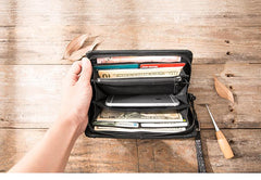 Cool Black Leather Mens Long Wallet Zipper Clutch Wallet Long Wallet Phone Bag Wristlet Wallet for Men - imessengerbags
