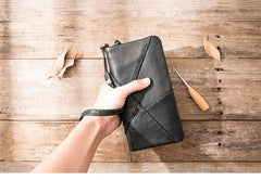 Cool Black Leather Mens Long Wallet Zipper Clutch Wallet Long Wallet Phone Bag Wristlet Wallet for Men - imessengerbags