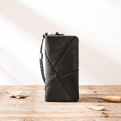 Cool Black Leather Mens Long Wallet Zipper Clutch Wallet Long Wallet Phone Bag Wristlet Wallet for Men - imessengerbags