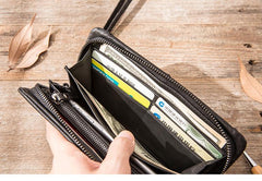 Cool Black Leather Mens Long Wallet Zipper Clutch Wallet Long Wallet Phone Bag Wristlet Wallet for Men - imessengerbags
