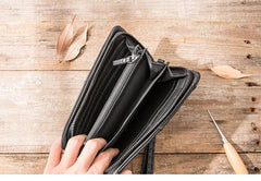Cool Black Leather Mens Long Wallet Zipper Clutch Wallet Long Wallet Phone Bag Wristlet Wallet for Men - imessengerbags