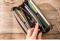 Cool Black Leather Mens Zipper Clutch Wallet Long Wallet Black Cell Phone Long Wallet for Men - imessengerbags