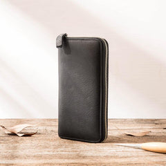 Cool Black Leather Mens Zipper Clutch Wallet Long Wallet Black Cell Phone Long Wallet for Men - imessengerbags