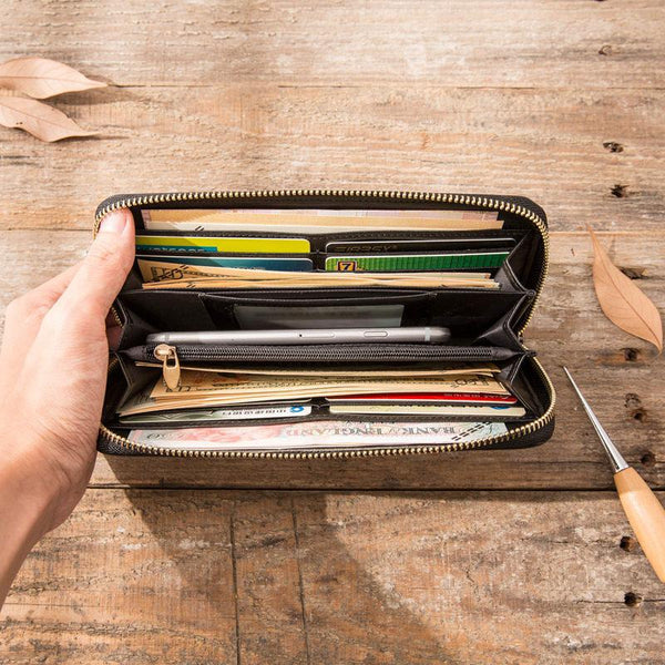 Cool Black Leather Mens Zipper Clutch Wallet Long Wallet for Men - imessengerbags