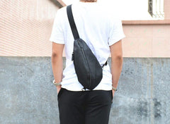 Cool Black Mens Leather One Shoulder Backpack Chest Bag Sling Bag Sling Crossbody Bag For Men - imessengerbags