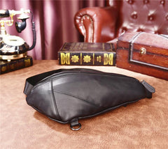 Cool Black Mens Leather One Shoulder Backpack Chest Bag Sling Bag Sling Crossbody Bag For Men - imessengerbags