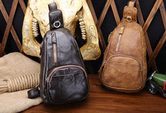 Cool Black and Brown Mens Leather Chest Bag Sling Bag Sling Crossbody Bag For Men