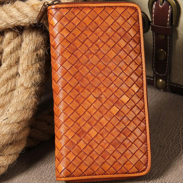Cool Braided Leather Mens Clutch Brown Vintage Zipper Wallet for Men - imessengerbags