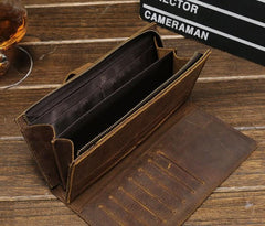Cool Vintage Mens Brown Leather Brifold Long Wallet for Men Long Wallet
