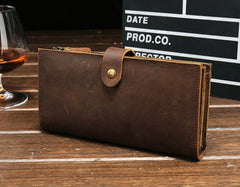 Cool Vintage Mens Brown Leather Brifold Long Wallet for Men Long Wallet