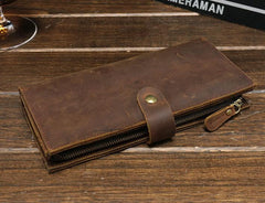 Cool Vintage Mens Brown Leather Brifold Long Wallet for Men Long Wallet