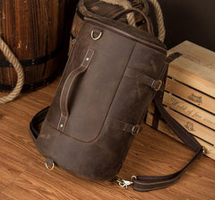 Cool Brown Mens Leather 14 inches Barrel Weekender Bag Bucket Travel Backpack for Men - imessengerbags