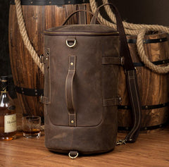 Cool Brown Mens Leather 14 inches Barrel Weekender Bag Bucket Travel Backpack for Men - imessengerbags
