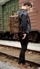 Cool Brown Mens Leather 14 inches Barrel Weekender Bag Bucket Travel Backpack for Men