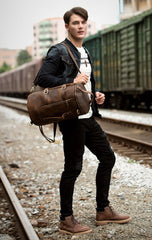 Cool Brown Mens Leather 14 inches Barrel Weekender Bag Bucket Travel Backpack for Men - imessengerbags