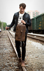 Cool Brown Mens Leather 14 inches Barrel Weekender Bag Bucket Travel Backpack for Men - imessengerbags