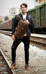 Cool Brown Mens Leather 14 inches Barrel Weekender Bag Bucket Travel Backpack for Men - imessengerbags