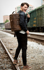 Cool Brown Mens Leather 14 inches Barrel Weekender Bag Bucket Travel Backpack for Men - imessengerbags