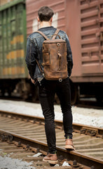 Cool Brown Mens Leather 14 inches Barrel Weekender Bag Bucket Travel Backpack for Men - imessengerbags