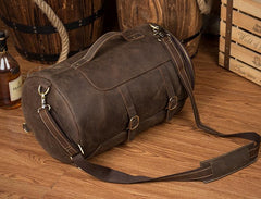 Cool Brown Mens Leather 14 inches Barrel Weekender Bag Bucket Travel Backpack for Men