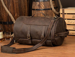 Cool Brown Mens Leather 14 inches Barrel Weekender Bag Bucket Travel Backpack for Men - imessengerbags