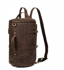 Cool Brown Mens Leather 14 inches Barrel Weekender Bag Bucket Travel Backpack for Men - imessengerbags