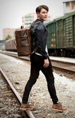 Cool Brown Mens Leather 14 inches Barrel Weekender Bag Bucket Travel Backpack for Men - imessengerbags