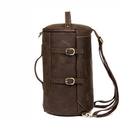 Cool Brown Mens Leather 14 inches Barrel Weekender Bag Bucket Travel Backpack for Men - imessengerbags