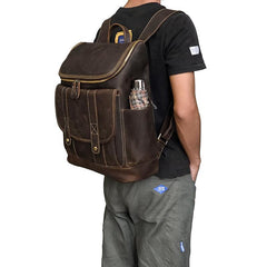 Cool Brown Mens Leather 15 inches Large School Computer Backpack Dark Brown Laptop Travel Backpack for Men - imessengerbags