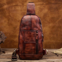 Cool Brown Mens Leather One Shoulder Backpack Chest Bag Sling Bags For Men - imessengerbags