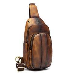 Cool Brown Mens Leather One Shoulder Backpack Chest Bag Sling Bags For Men - imessengerbags