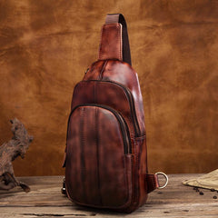 Cool Brown Mens Leather One Shoulder Backpack Chest Bag Sling Bags For Men - imessengerbags