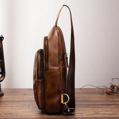 Cool Brown Mens Leather One Shoulder Backpack Chest Bag Sling Bags For Men - imessengerbags