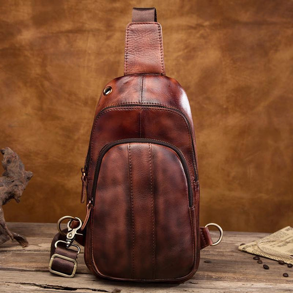Cool Brown Mens Leather One Shoulder Backpack Chest Bag Sling Bags For Men - imessengerbags