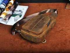 Cool Brown Mens Leather One Shoulder Backpack Chest Bag Sling Bags For Men - imessengerbags